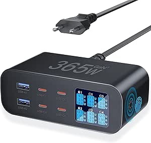 Cargador USB C YSYFAD 365W con múltiples puertos y pantalla LED