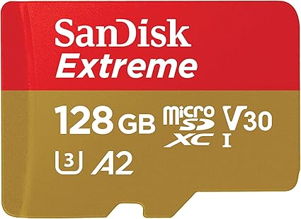 SanDisk Extreme MicroSD 128GB Tarjeta de memoria negra y blanca con adaptador SD