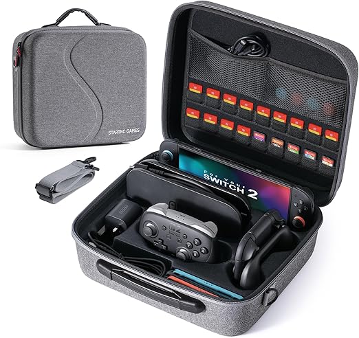 Funda de transporte para Nintendo Switch 2 de color negro, abierta mostrando compartimentos