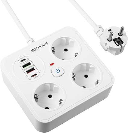 BOCHLION Regleta con USB 3 enchufes y 4 puertos
