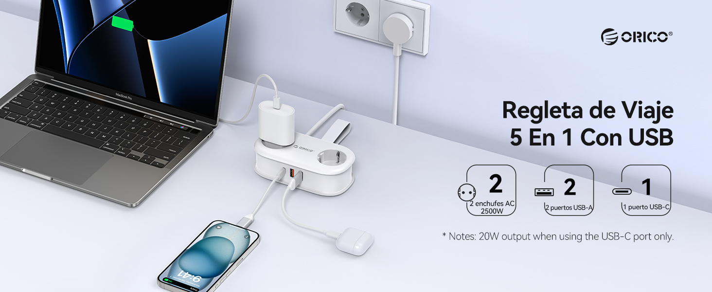 Regleta ORICO con puertos USB-C y enchufes de viaje