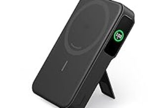 Imagen del Anker MagGo Power Bank mostrando el soporte plegable y la pantalla