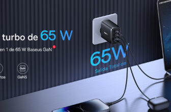 Cargador Baseus 65W GaN negro y blanco mostrando sus tres puertos